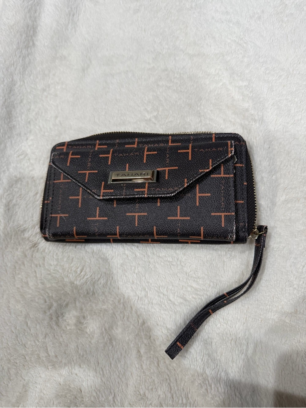 Tahari Black with Brown Logo Print Zip Wristlet